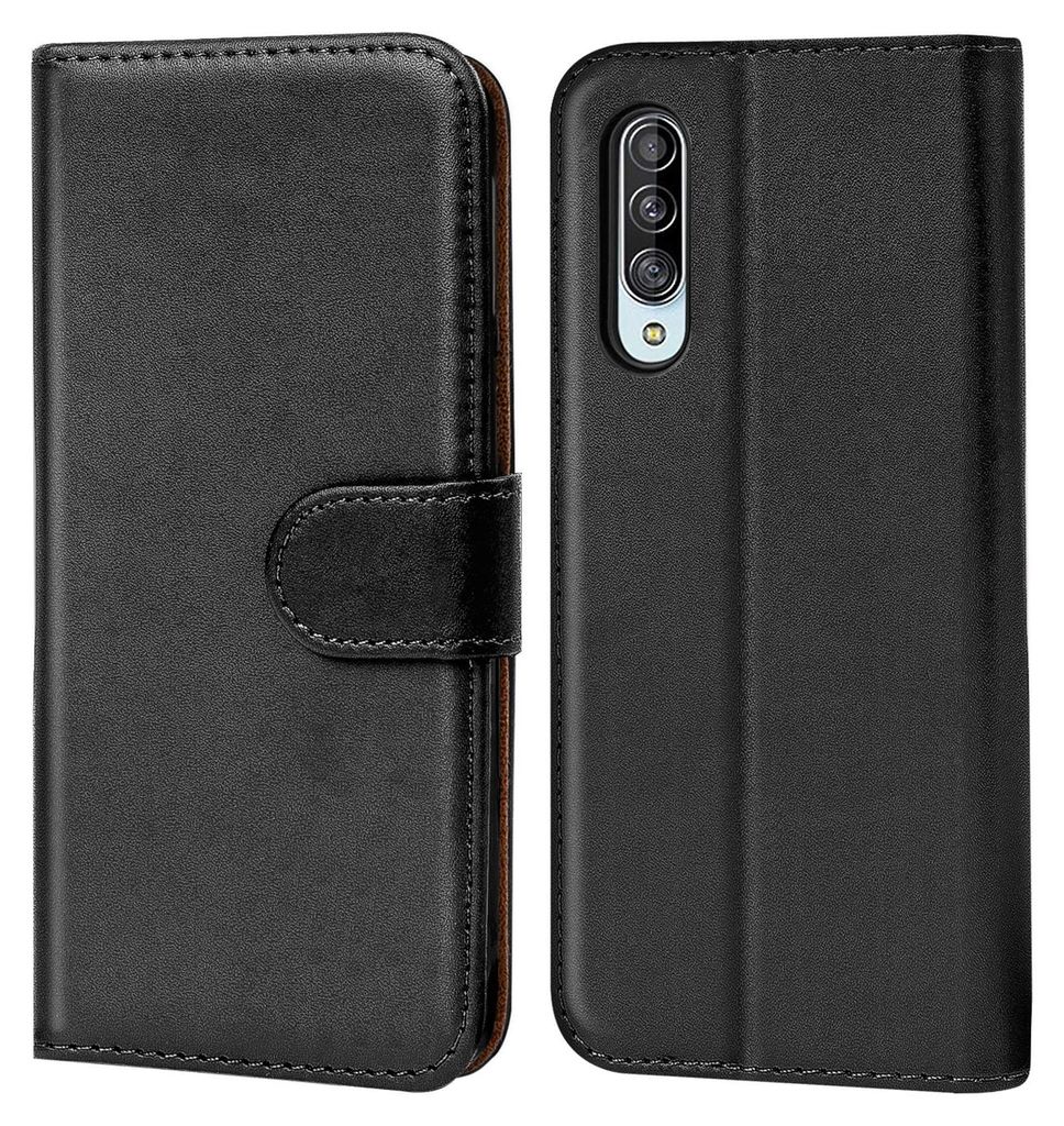 A black flip case for a smartphone is shown from the front and back.