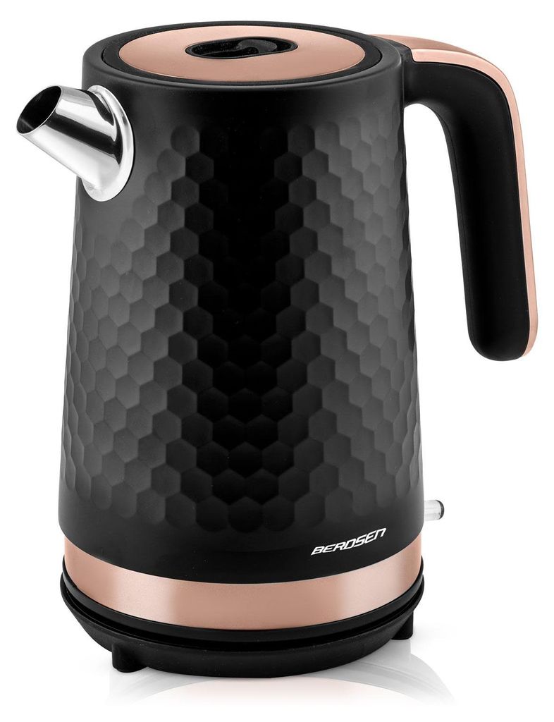 A studio shot of a black and copper electric kettle.