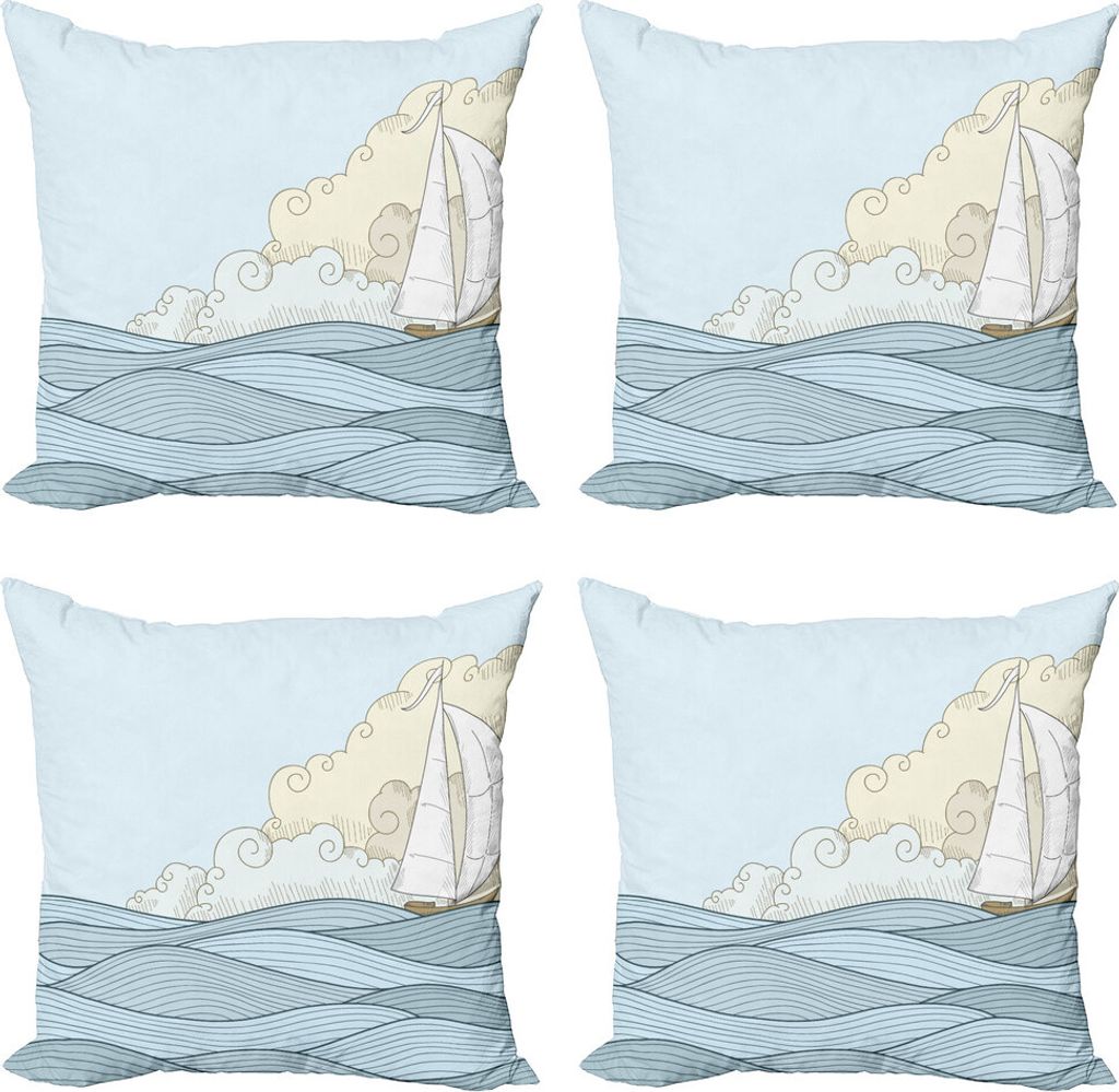 ABAKUHAUS Vintage Boat Kissenbezug Set (4 Stück), Doodle Stil Ozean, Moderner Doppelseitiger Digitaldruck, 50 cm x 50 cm, Baby-Blau-Creme