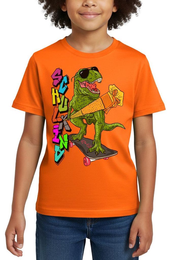 Spreadshirt Skater Dino mit seiner Schultüte Kinder T-Shirt, 98/104 (3-4 Jahre), Orange