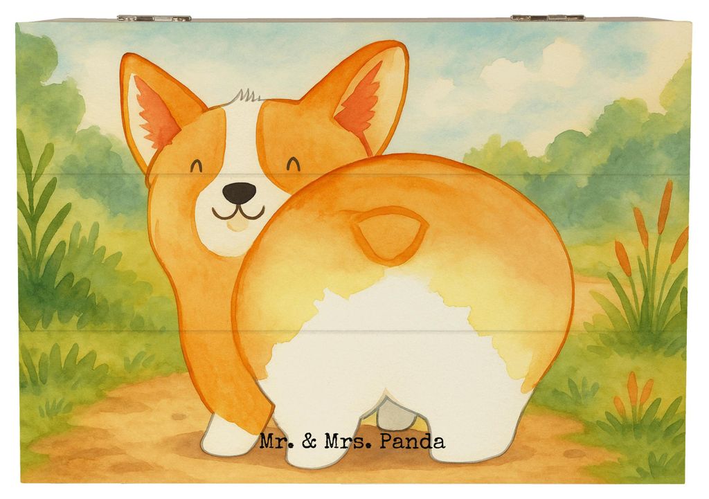 Mr. & Mrs. Panda Holzkiste Corgi Po Design 22 x 15 cm - Weiß - Geschenk, holzschatulle, Hund, schmuckkiste, fotobox, Sprüche, Aufbewahrungstruhe,...