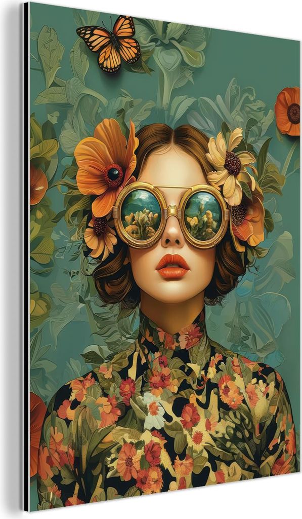 MuchoWow Wanddekoration Metall Metallbild Wandkunst 30x40 cm Frau - Blumen - Schmetterlinge - Natur - Vintage MuchoWow Aluminium Gemälde - Bilder