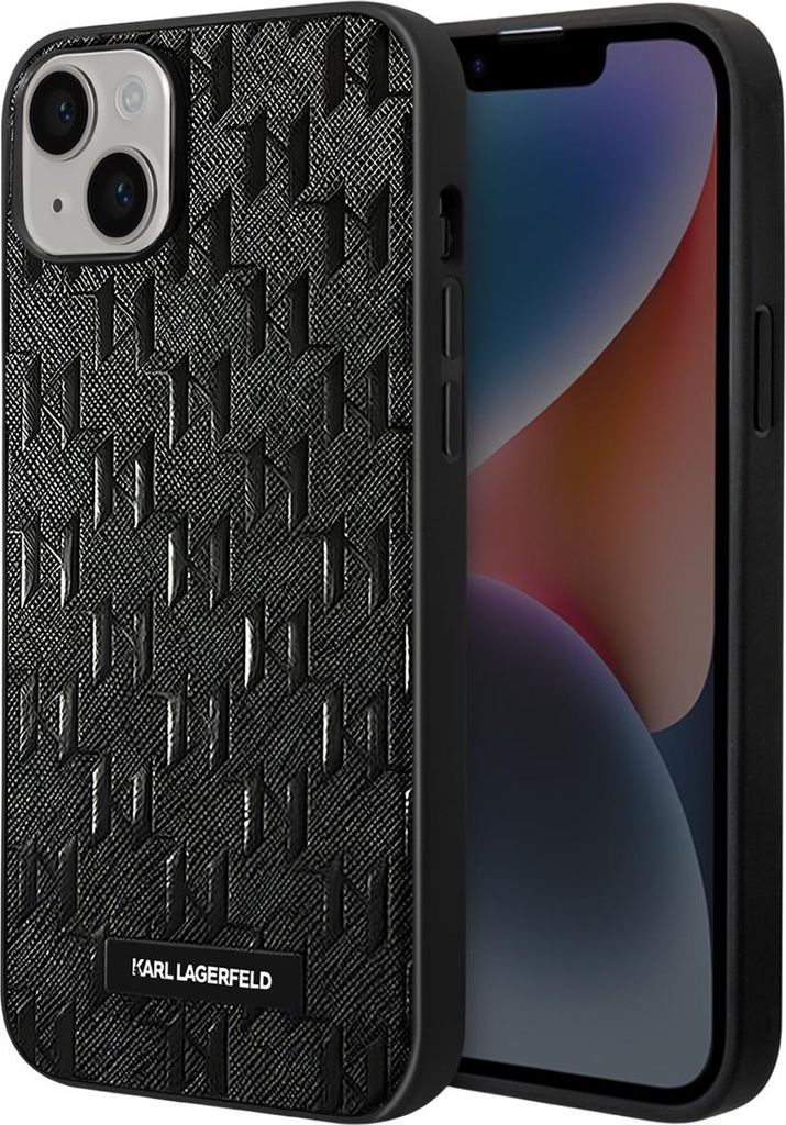 Karl Lagerfeld iPhone 14 & 13 Hardcase Backcover - Saffiano Leather - Metal Logo - Black