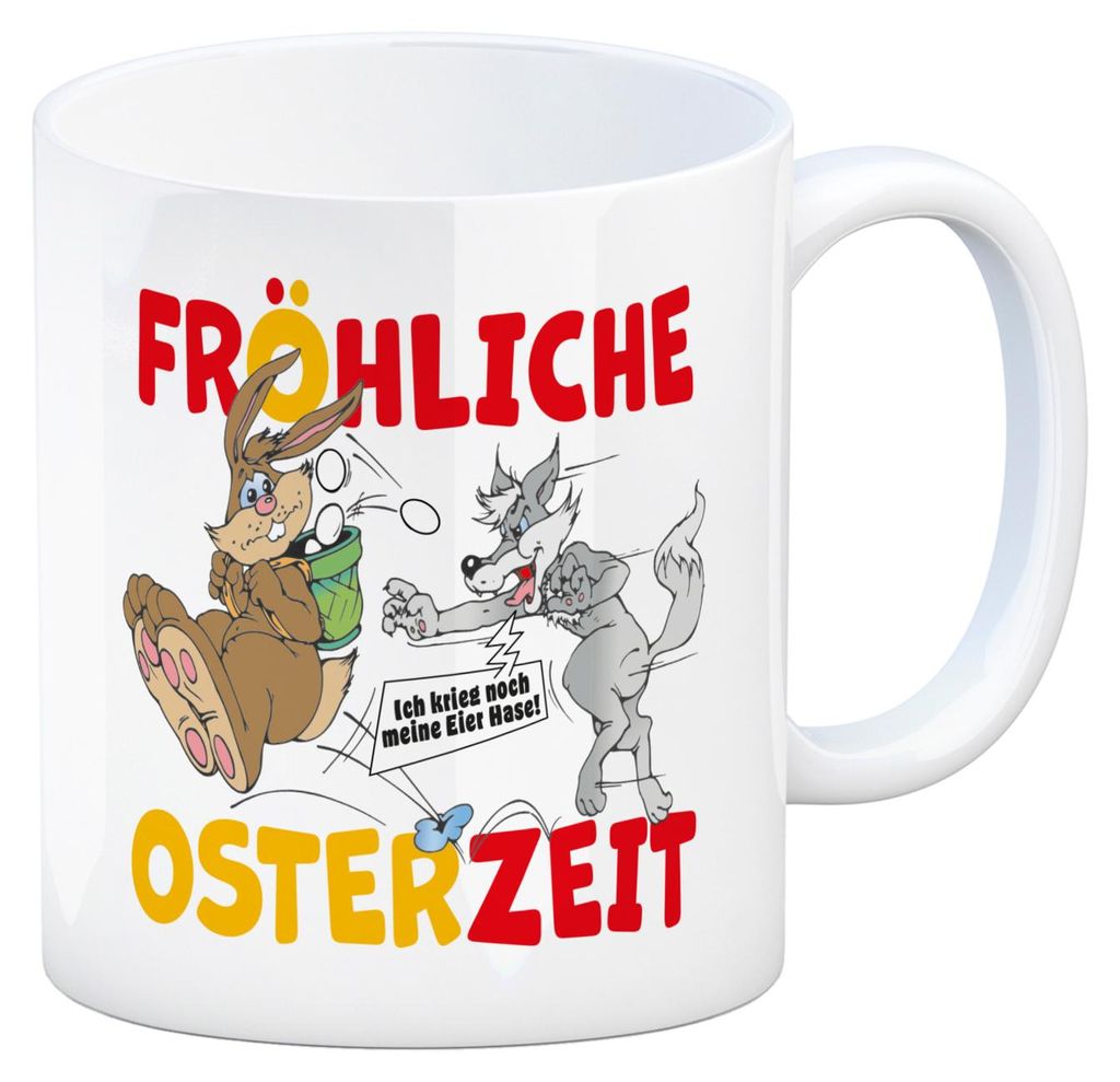 Osterhase und Wolf Kaffeebecher mit Spruch: Fröhliche Osterzeit! Eier her, Hase!