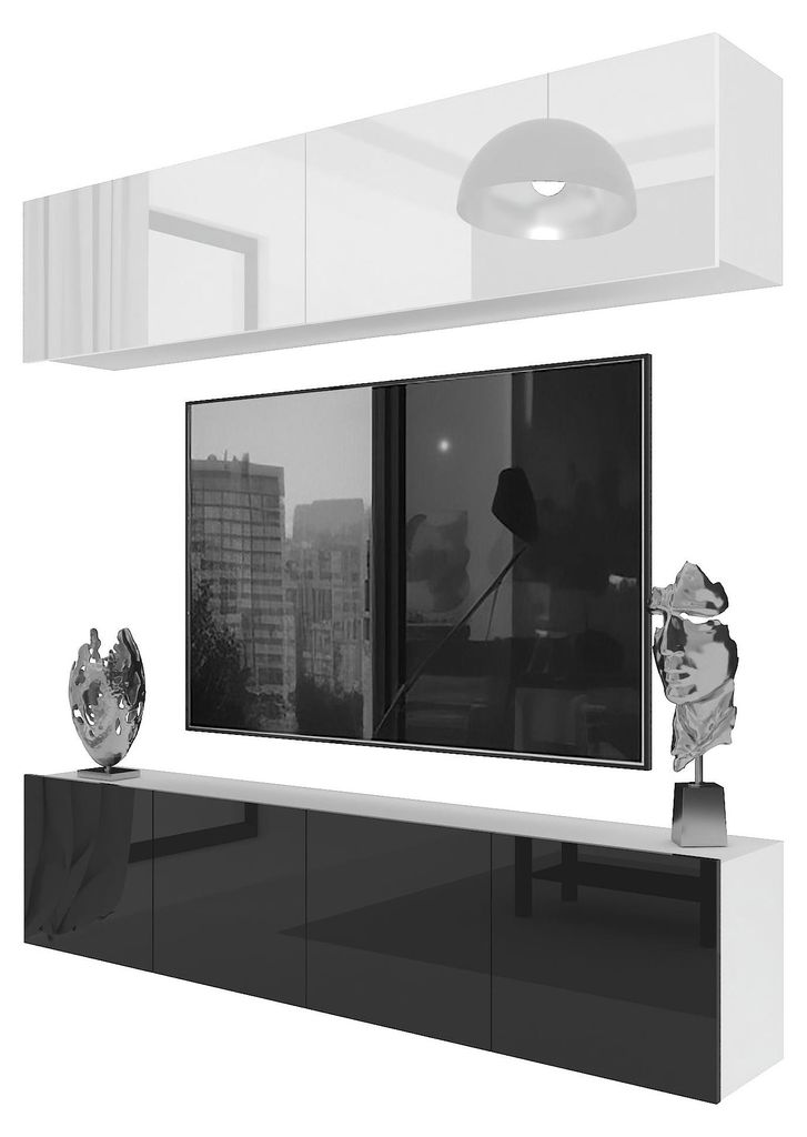 BELINI Wohnwand MILANO 6 Wohnzimmer 200 cm - Weiß/Schwarz Hochglanz, Moderne Schrankwand Set, Anbauwand TV-Schrank Griffloses System
