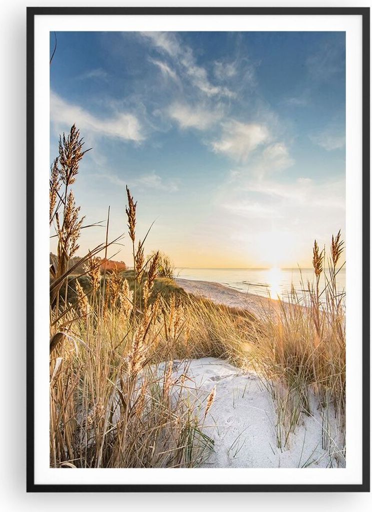 Gerahmtes Poster - Schwarzer Rahmen - Ähren Küste Sonne - 70x100 cm - Wand Bild - Wanddeko - Wandbilder - Kunstposter - Wandposter - Bilderrahmen...