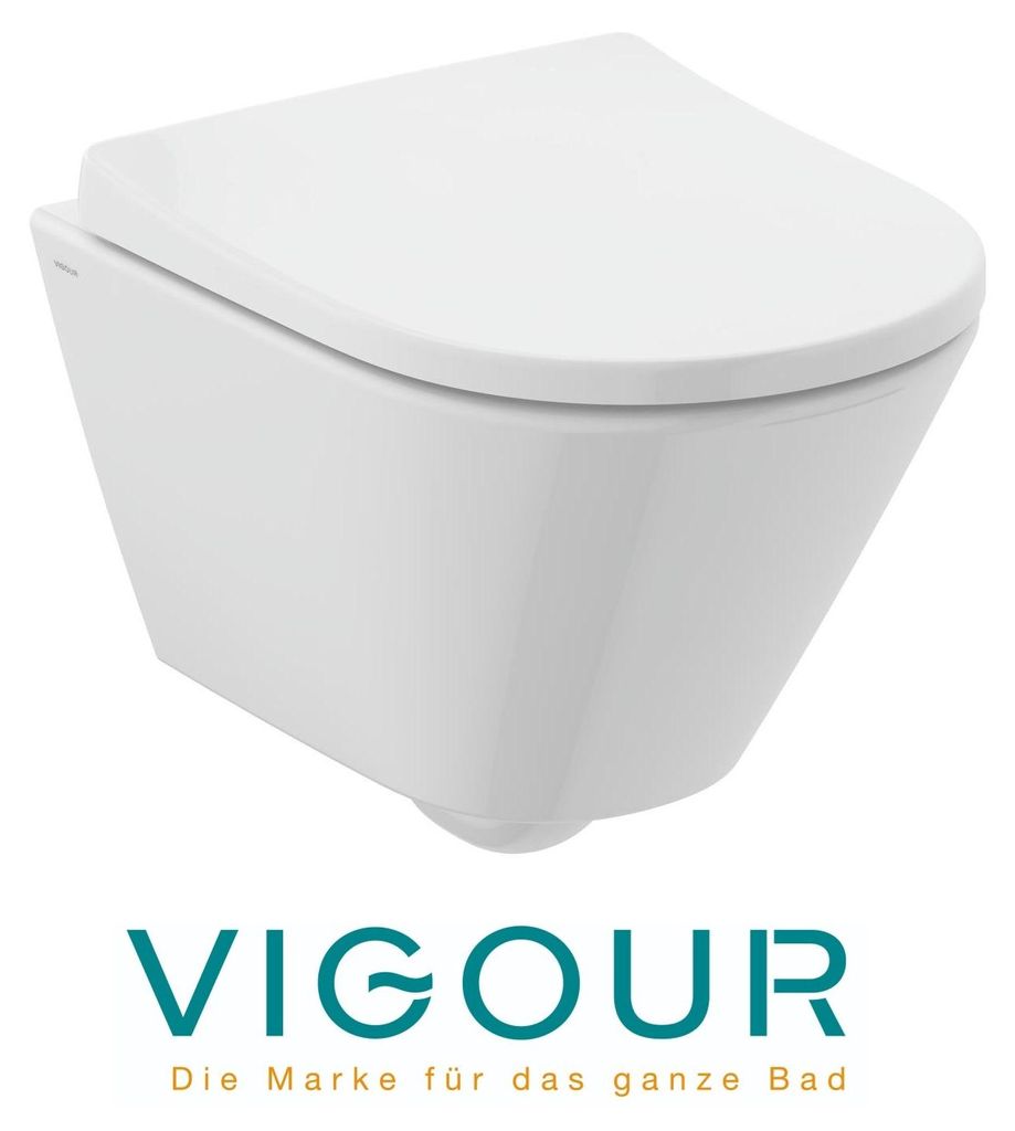VIGOUR DERBY V3 Kompakt Wand-WC-Set kurze Ausladung 48 cm spülrandlos offene Befestigung PflegetectPLUS Beschichtung WC-Sitz mit Absenkautomatik +...