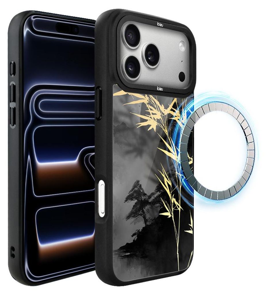 Schutzhülle für das iPhone 17 Pro Max, MagSafe-kompatibel, mattschwarze Seiten, Bambus mit Vergoldung