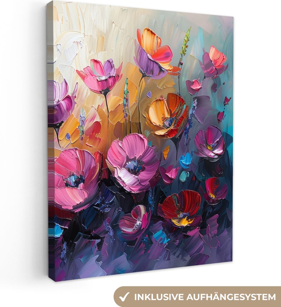MuchoWow - Leinwandbilder - Blumen - Lila - Farbenfroh - Handbemalt - Kunst, Wandbild, Wanddeko Bilder Wohnzimmer, 90x120 cm