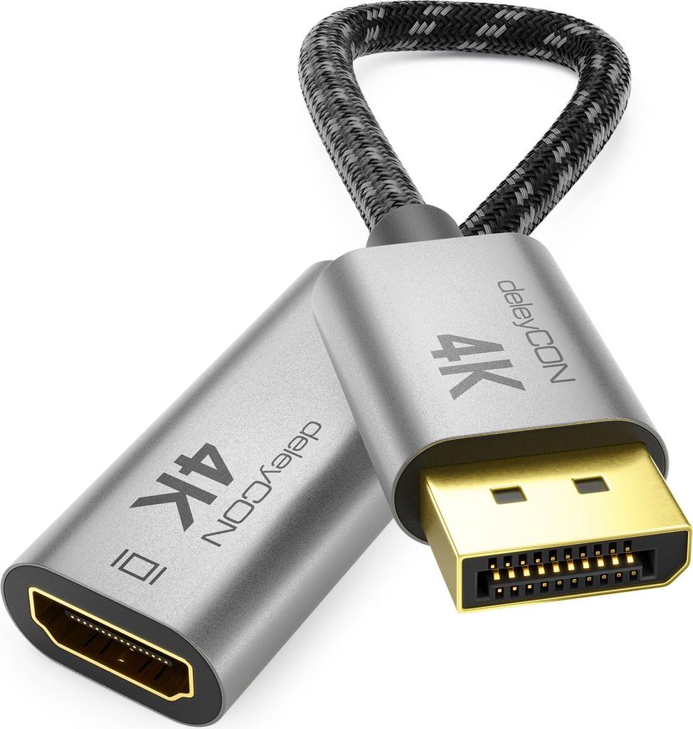 deleyCON 10cm DisplayPort Stecker auf HDMI Buchse Adapterkabel (Für HDMI Monitor, TV, Beamer) - 4K@60Hz - Aluminium-Stecker Nylonkabel - für DP C...