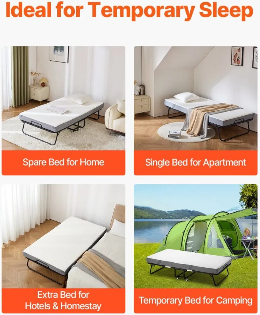 Lit d'appoint pliant mobile - Lit de camp avec matelas confort 12,5 cm - 6