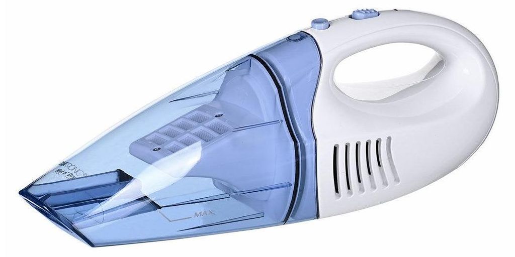 A white and blue handheld vacuum cleaner is shown against a white background.
