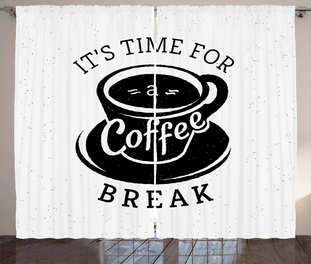 ABAKUHAUS Citazione Tenda rustica, È ora di una pausa caffè, Soggiorno Nastro universale Tende con passanti e ganci, 280 x 175 cm, Bianco e nero