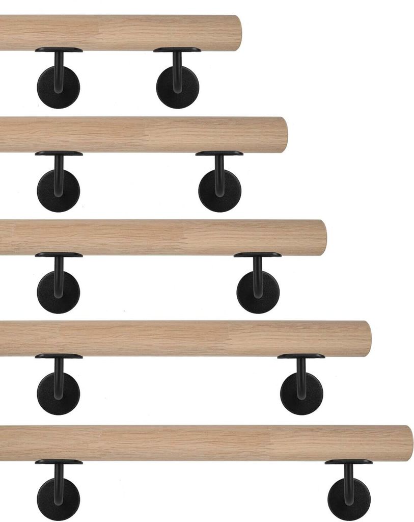 TIBU Eiche Holz Handlauf keilgezinkt unbehandelt Geländer 0,3m - 6m, Länge 140 cm und 2 Edelstahl Halter Schwarz