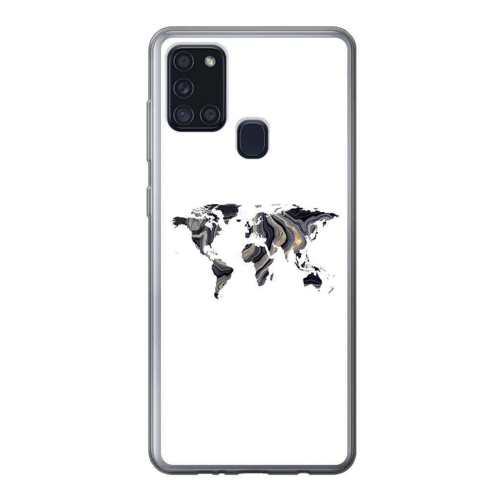 MuchoWow Handyhülle Schutzhülle Hülle für Samsung Galaxy A21s Weltkarte - Gold - Linie Silikon Softcase Handy Hülle - Hartschale