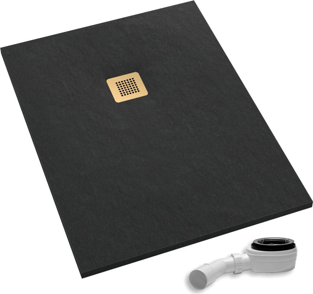 AQUABAD Duschwanne/Duschtasse Palast mit LeakProtect Technologie Black Stone 90x100cm Rechteck - Blende: poliertes Gold | inkl. Ablaufgarnitur/Siphon