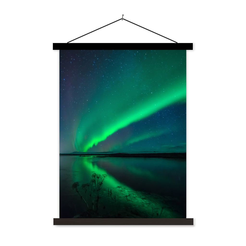 MuchoWow Textilposter Nordlicht - Island - Sternenhimmel - Grün - Wasser 120x160 cm mit schwarzem Rahmen - Magnetischer