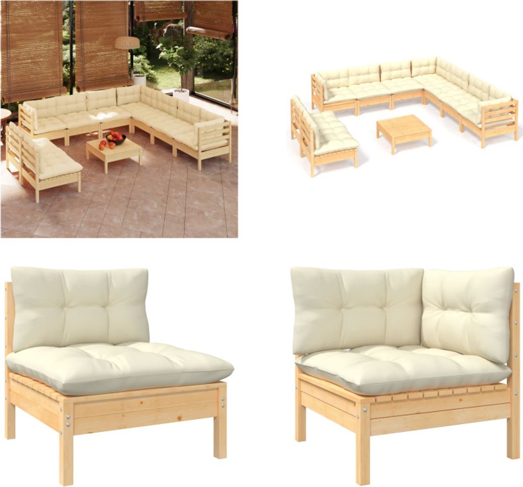 vidaXL 10 tlg. Garten Lounge Set mit Creme Kissen Massivholz Kiefer - Garten-Lounge-Set - Garten-Lounge-Sets - Gartenmöbel-Set - Gartenmöbel-Sets