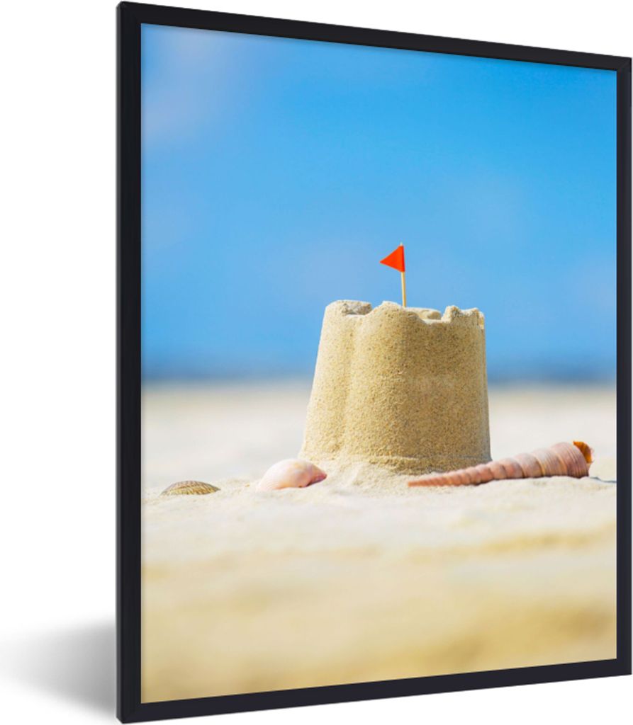 MuchoWow Gerahmtes Poster Sandburg - Strand - Muscheln - Sommer 30x40 cm - Poster mit Schwarzem Bilderrahmen Wandposter Rahmen Foto Bilder - Wand...