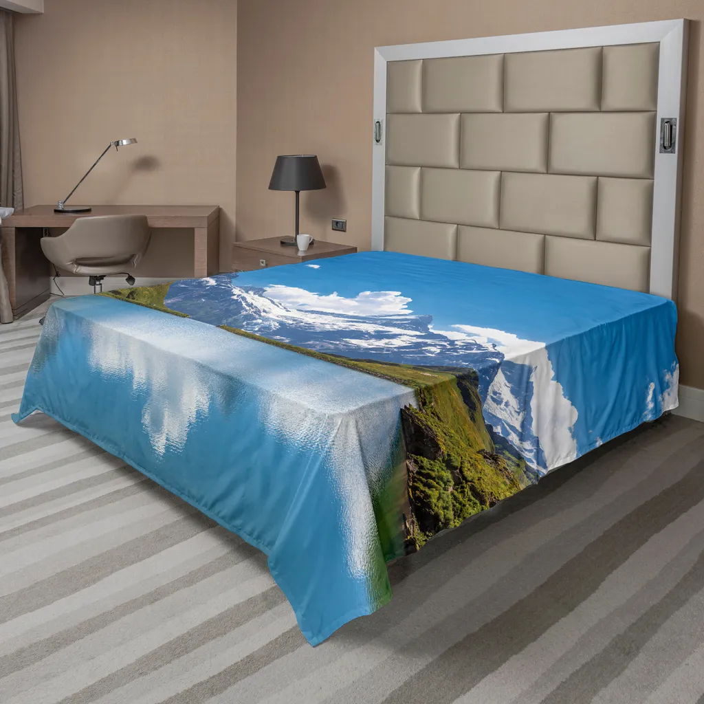 Drap de Lit Décoratif Motif Paysage de Montagne Suisse en Coton Doux