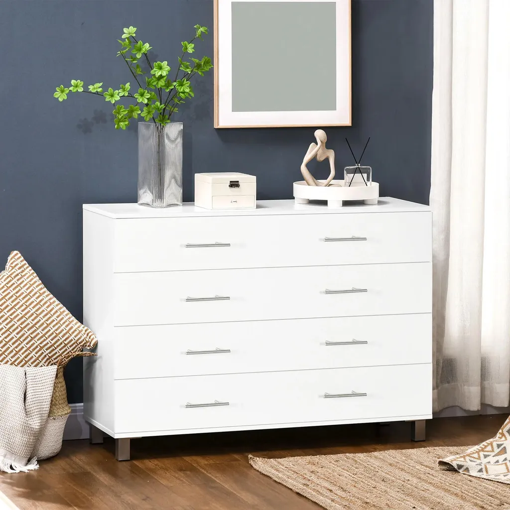 Commode rangement 4 tiroirs blanc pour chambre et salon 112x38x81 cm
