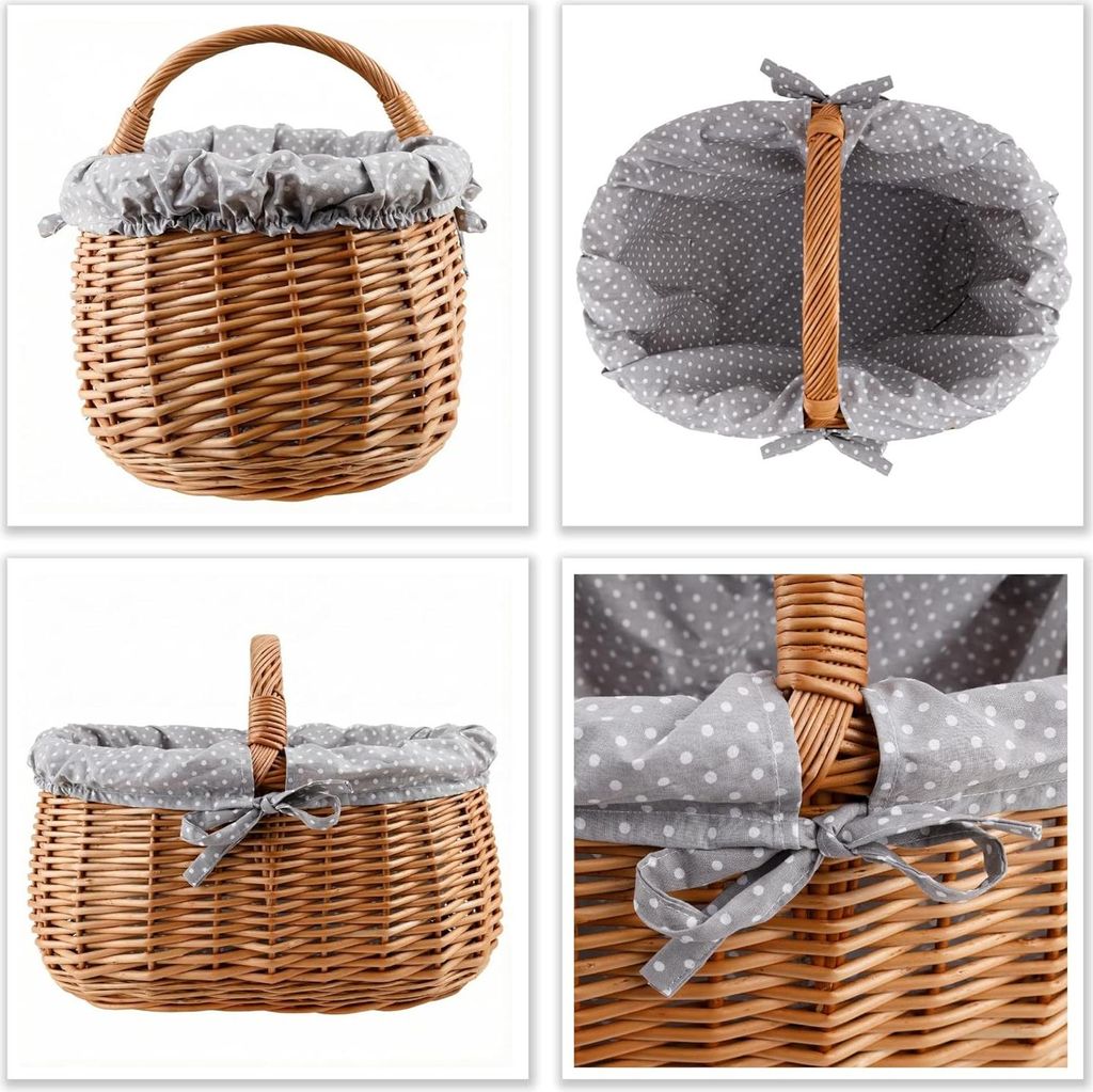 Creative Home Großer Picknickkorb mit Stoffeinlage Grau mit Pünktchen Weidenkorb 43 x 32 x 37 cm