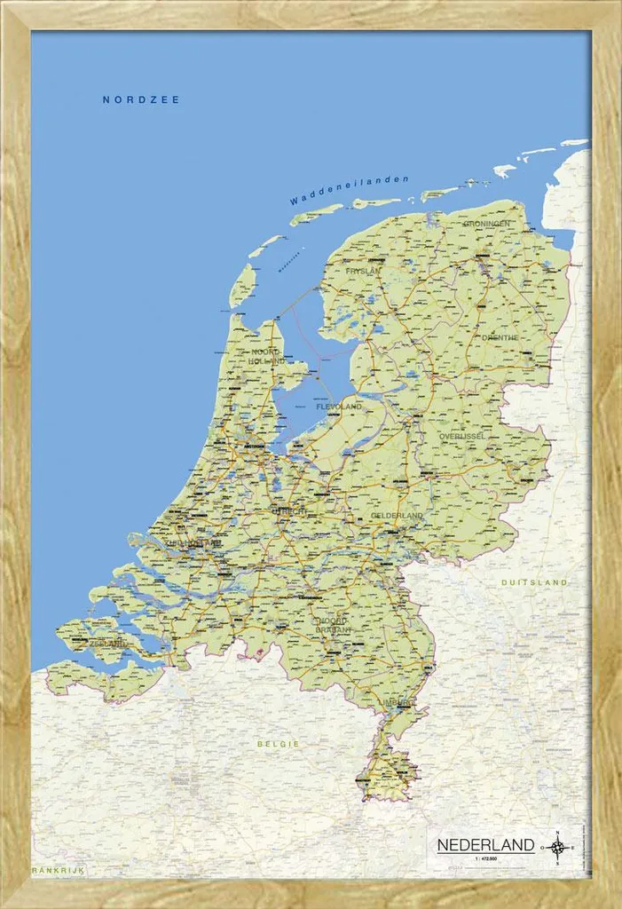 Grand poster géographique Pays-Bas encadré sous vitre acrylique bois hêtre