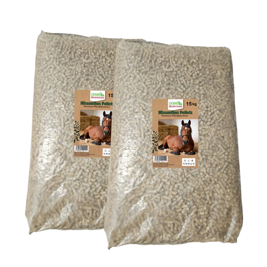 Miscanthus Pellets Einstreu 8 mm – 30 kg (15+15 kg Säcke) | 100% Naturprodukt | Staubarme Pferde- & Tierstreu | Hohe Saugkraft & Geruchsbindung