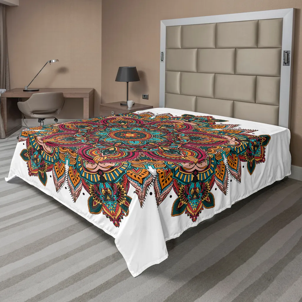 ABAKUHAUS Lenzuolo Mandala, design etnico Mandala Unifying Center, motivo stampato con simboli religiosi orientali, lenzuolo morbido e confortevole per un letto decorativo, 1 pezzo, 266 cm x 260 cm, multicolore