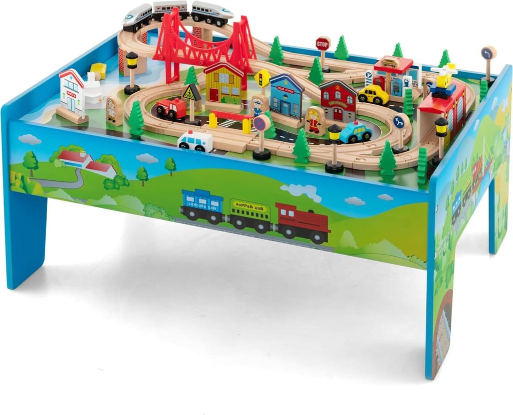 GOPLUS Spieltisch aus Holz mit 80-teiliges Eisenbahn-Set, Kinder Aktivitätstisch mit umkehrbarer Tischplatte & Eisenbahnschienen, Spielzeugtisch f...
