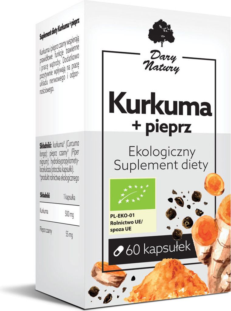 Kurkuma + Pfeffer 60 Kapseln. Ökologisches Nahrungsergänzungsmittel DARY NATURY
