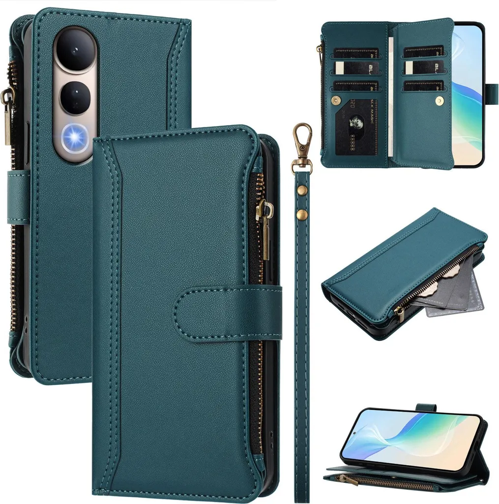 Custodia per Vivo V50 Lite/V50 Lite 4G, con cerniera, portafoglio Custodia flip in Finto cuoio con tasche per carte, supporto e passante per mano verde