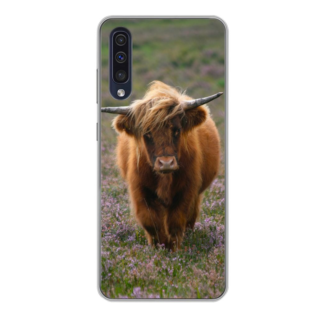 MuchoWow Handyhülle Schutzhülle Hülle für Samsung Galaxy A50 Schottische Hochlandbewohner - Heidelandschaft - Tiere Silikon Softcase Handy H...
