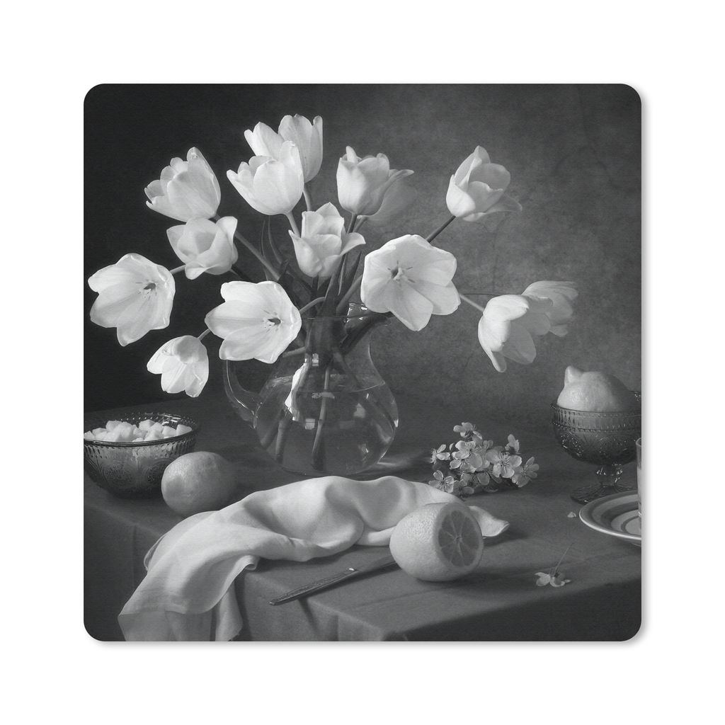 MuchoWow Mauspad Mousepad Stilleben - Blumen - Schwarz und weiß 20x20 cm - Mousepads - Maus Mat - Pad - Mausunterlage - Desk Mat - Bureauartikeln
