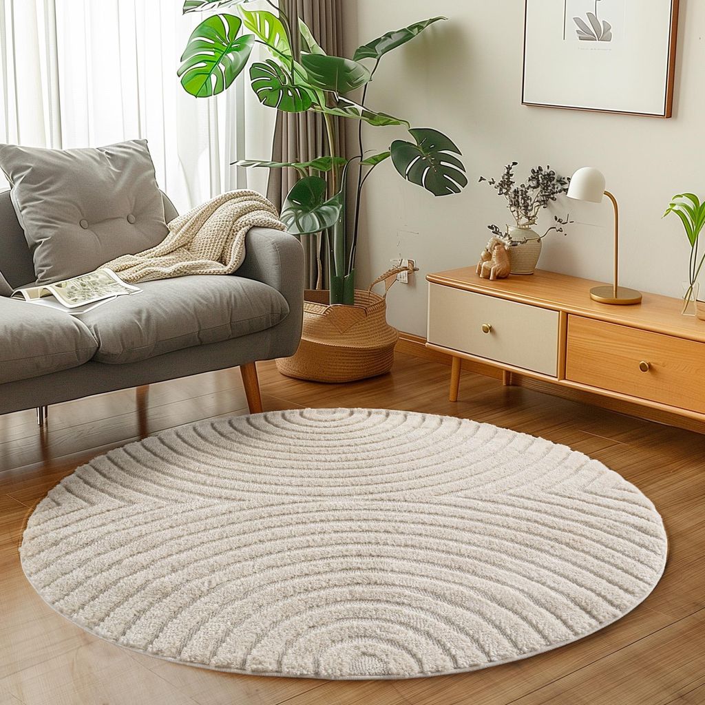 A circular rug with a geometric pattern is placed on a wooden floor in a living room setting, next to a gray sofa and a wooden cabinet.