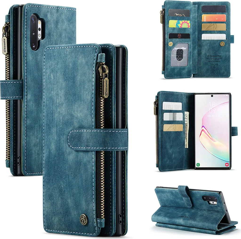 Galaxy Note 10+ Plus custodia per cellulare, chiusura a zip custodia in Finto cuoio flip cover chiusura magnetica porta carte funzione stand portafoglio custodia protettiva per Samsung Galaxy Note 10 Plus / Note 10+ Blu - 1