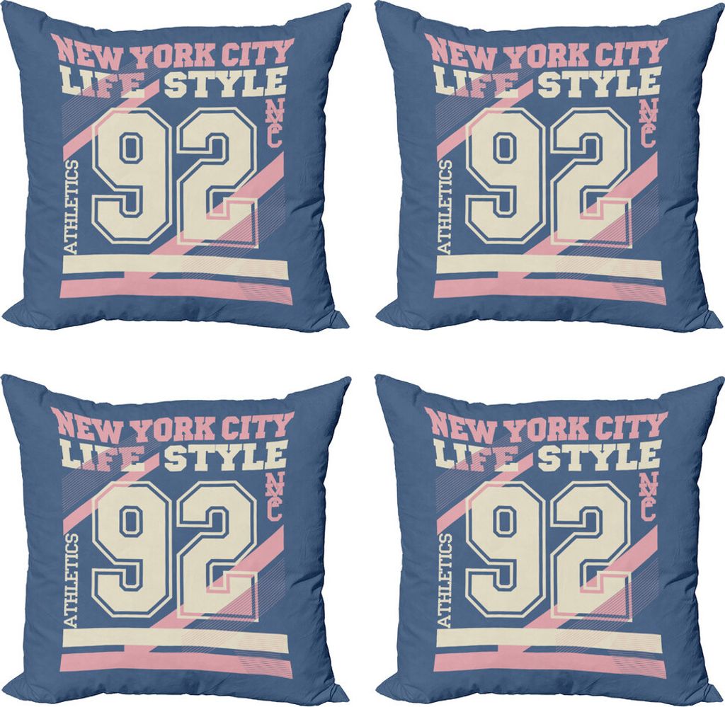 ABAKUHAUS Nummer Kissenbezug Set (4 Stück), New York City Life Style, Moderner Doppelseitiger Digitaldruck, 40 cm x 40 cm, Blau Creme und Hellrosa