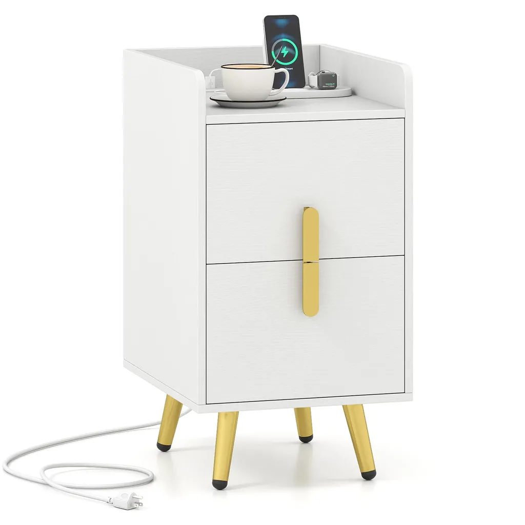 Petite commode de nuit blanche avec prise USB, table d'appoint étroite