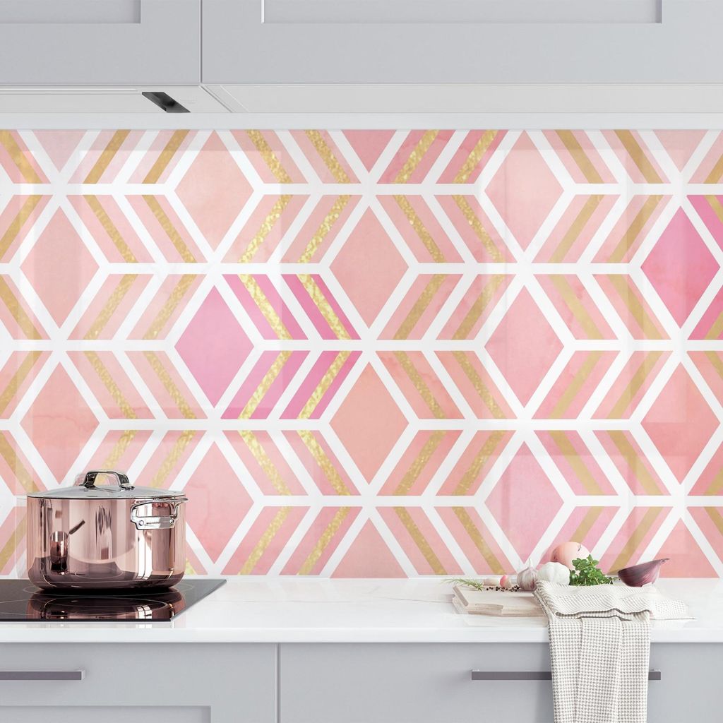 Küchenrückwand Muster selbstklebend - 0.35 mm Wandpaneel wasserfest Geometrisch rosa Aquarell Illustration Spritzschutz fugenlos
