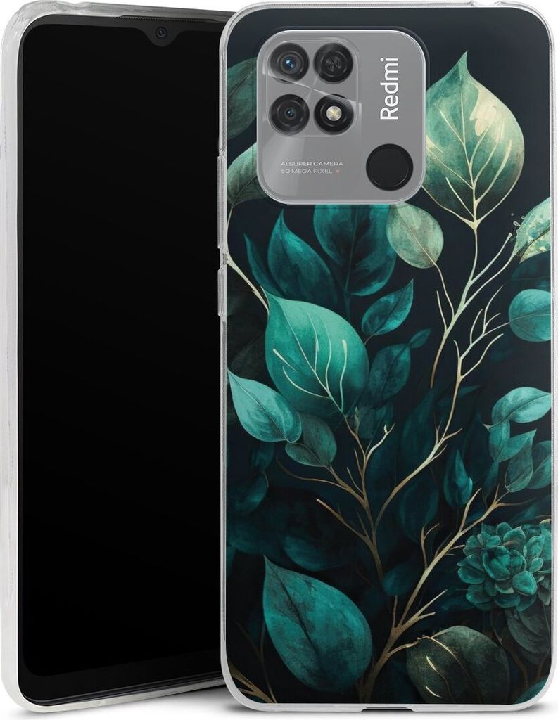 DeinDesign Slim Hülle für Xiaomi Redmi 10C Silikon Case Ultra Dünn Handyhülle Blätter schwarz Eukalyptus