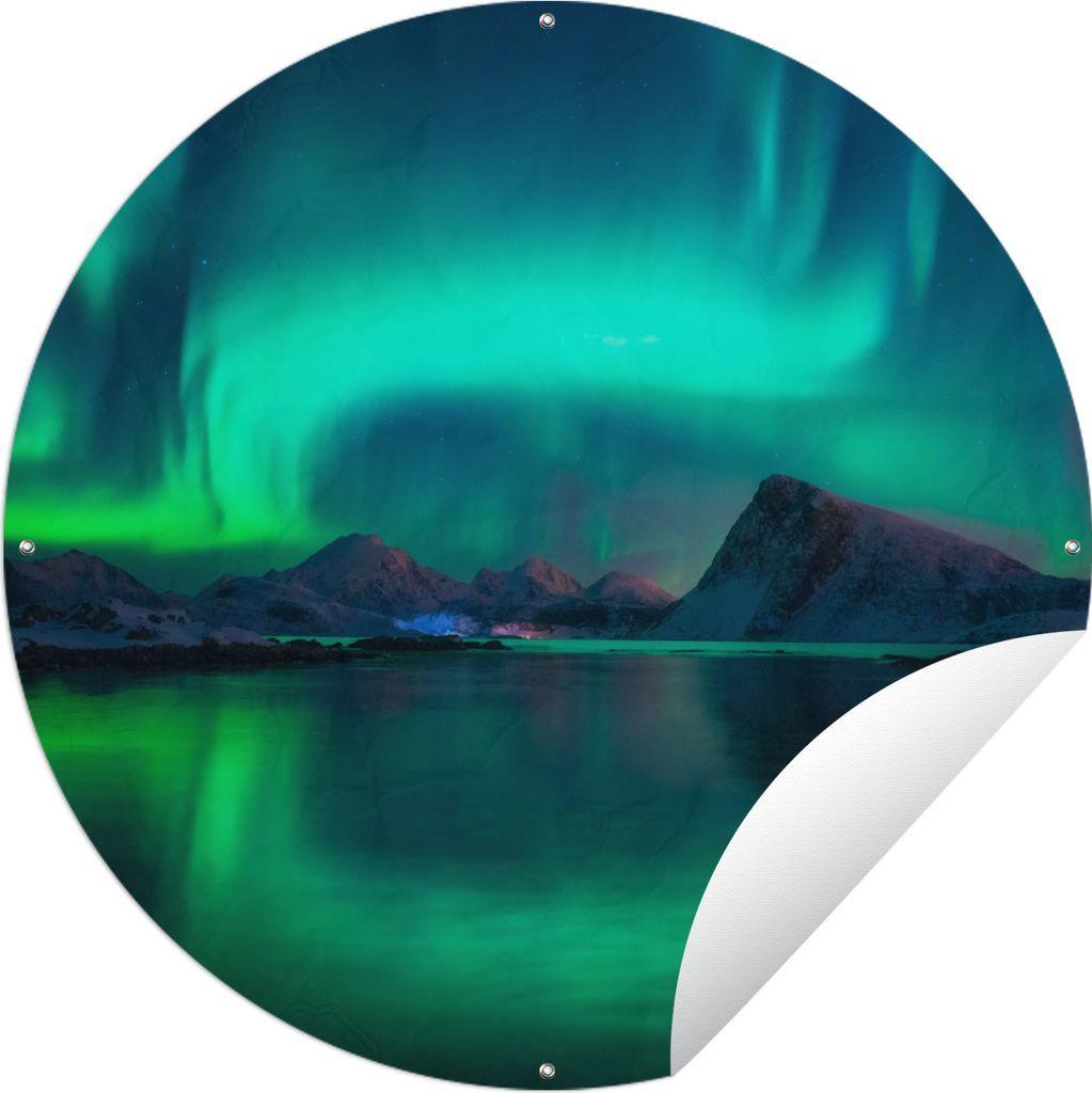 MuchoWow Gartenposter Outdoor-Poster Rund Nordlichter - Berge - Norwegen Ø 120 cm Gartendeko Rundes Poster draußen