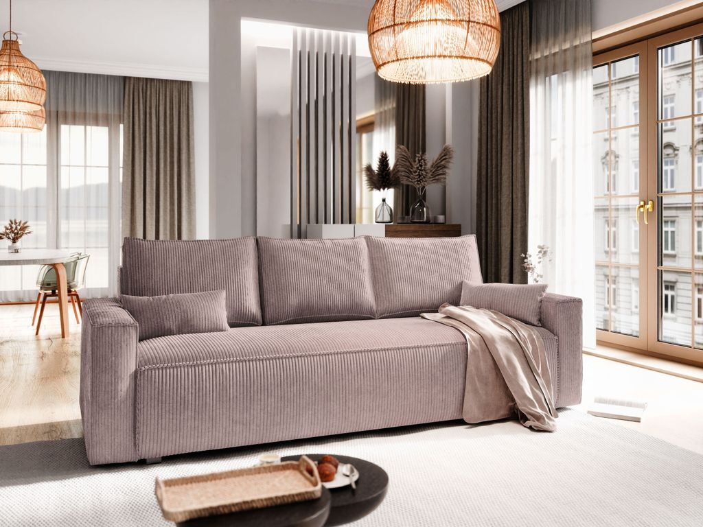Sofa MENI Lila Kordstoff mit Schlaffunktion, Sofa mit Produktbild 