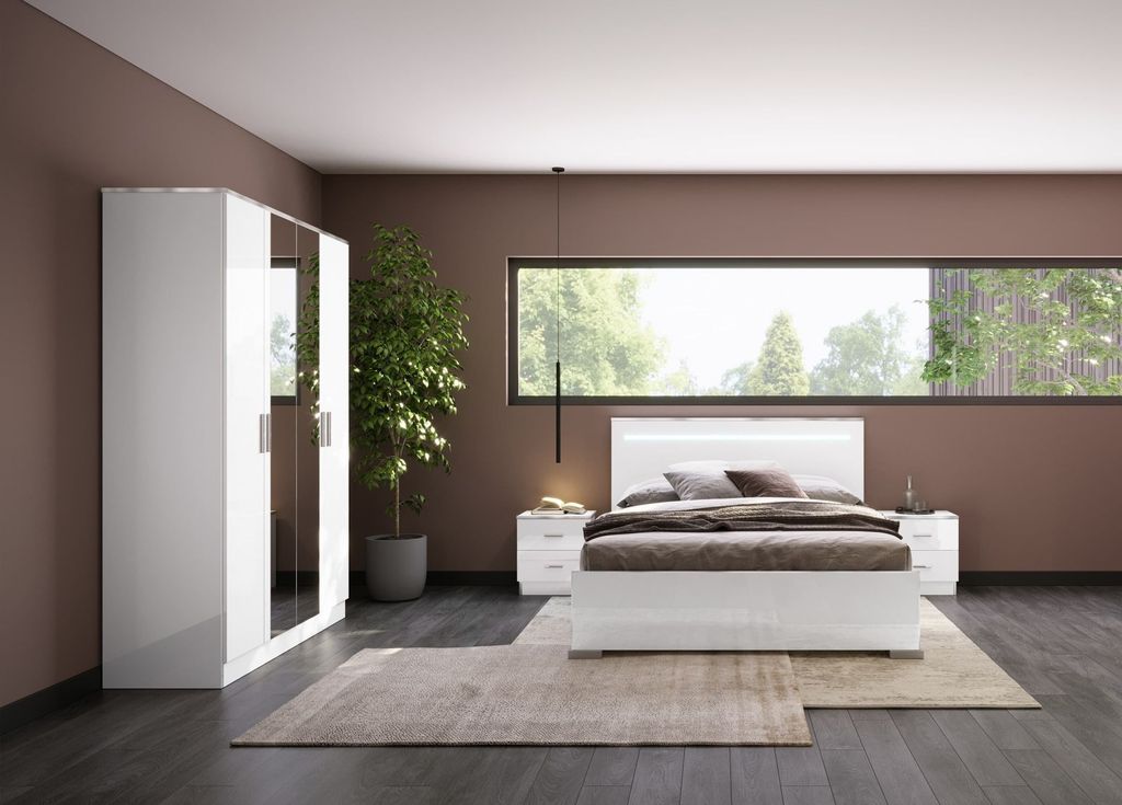 Schlafzimmer-Set Noemi 4-Teilig in Weiß/Silber Hochglanz 4-Türig