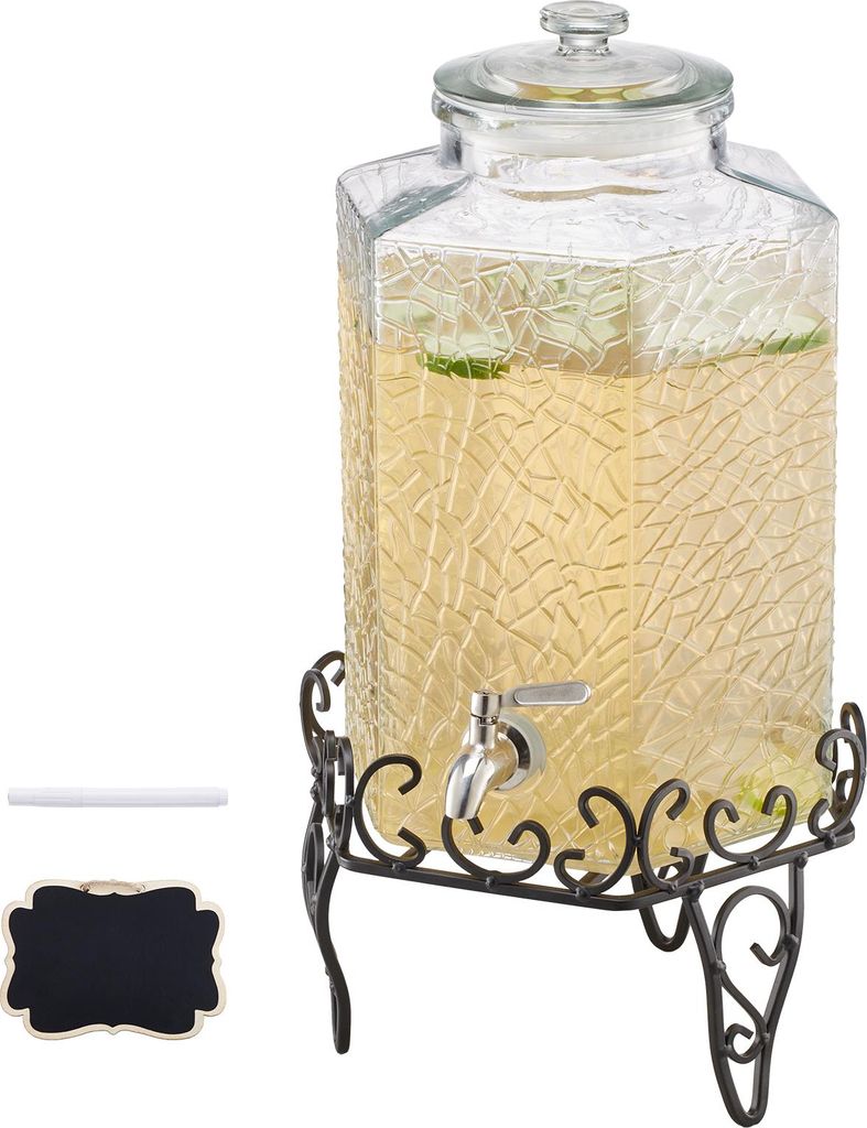 VEVOR Getränkespender (1 x 10 L) für Partys Saftspender (aus Glas) mit tropfsicherem Zapfhahn & Metallständer Wasserspender für Restaurants Par...