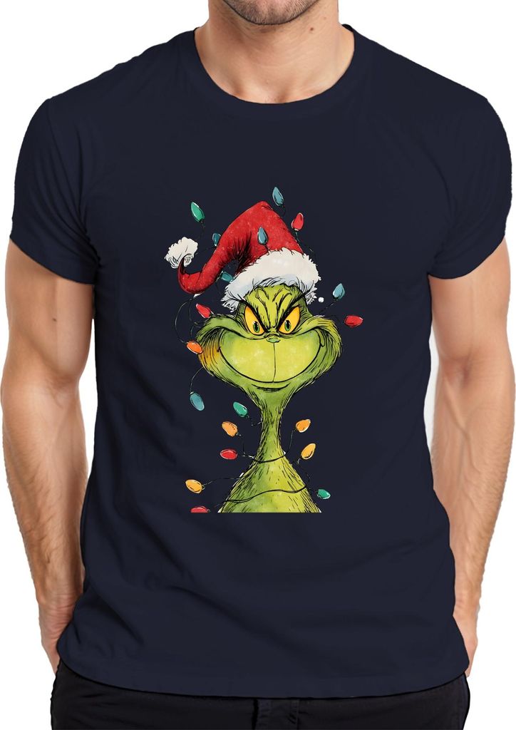 Grinch böser Grinser Lichterkette Weihnachten Geschenk retro Herren T-Shirt, Navy, L