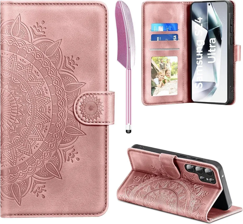 Housse Samsung Galaxy S24 Ultra Rose - Étui Portefeuille en Cuir PU