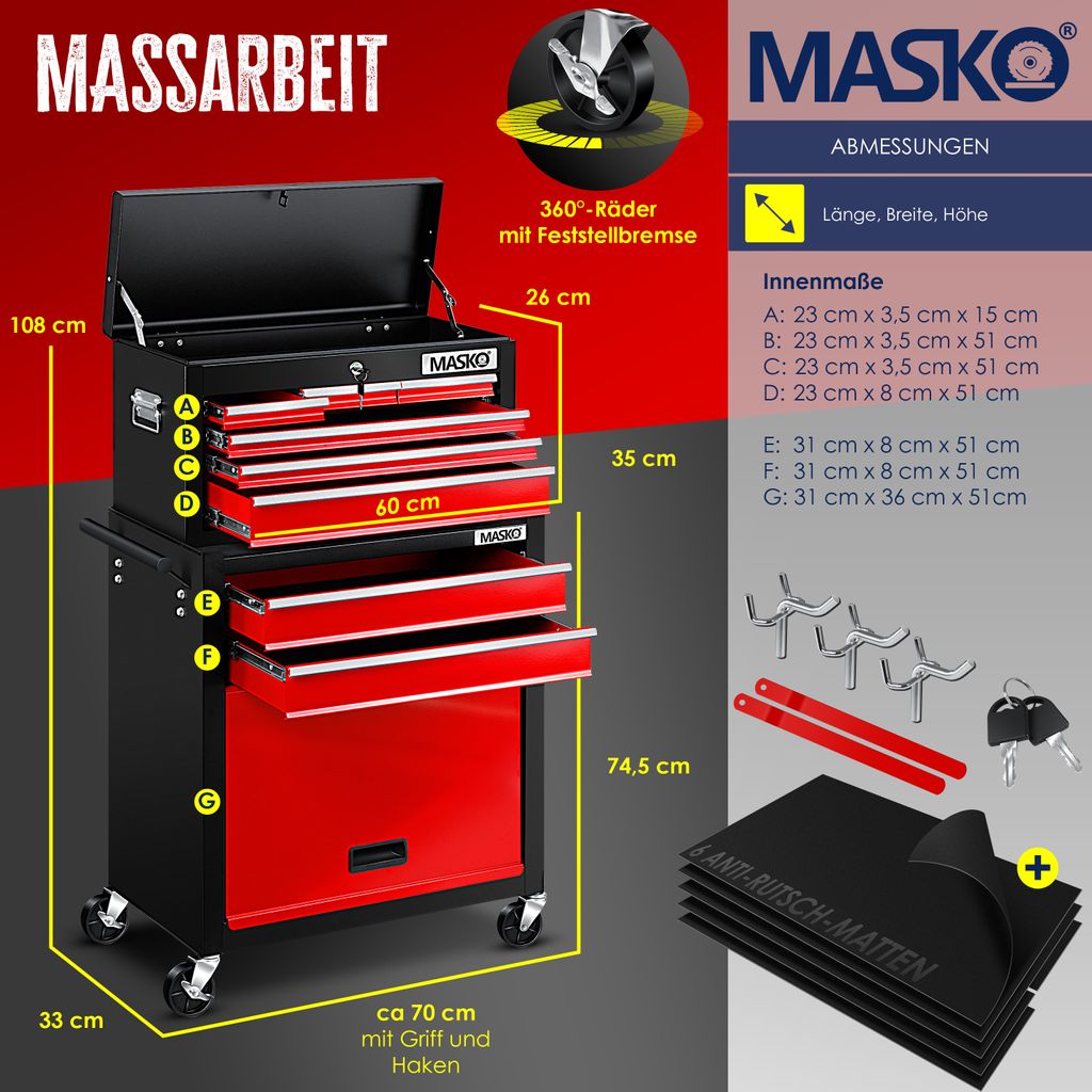 MASKO® Werkstattwagen inkl. Koffer - 9 Fächer Abschließbar Produktbild 7