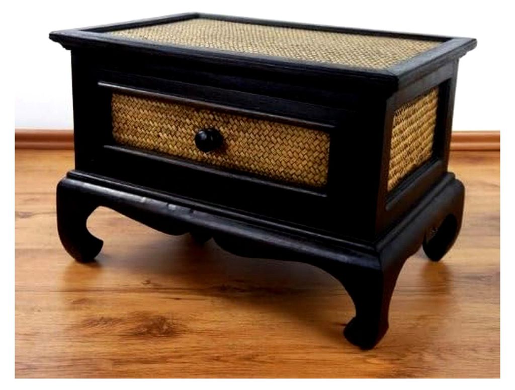Opiumtisch mit Schublade, Beistelltisch, kleiner Couchtisch aus Holz und Rattan