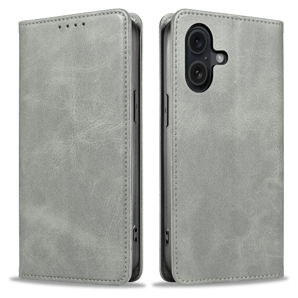 Handyhülle für Apple iPhone 16 Plus Kunstleder Flip Cover Hülle Handytasche Case Kartenfach Farbe: Grau