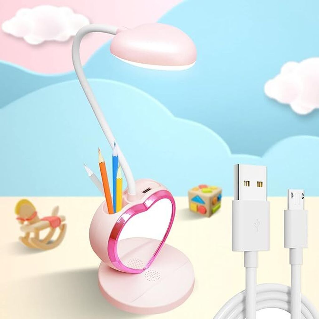 LED Kinder Schreibtischlampe, Dimmbare Nachttischlampe mit Touchsensor, mit Stifthalter, USB Wiederaufladbare, Warmes und weißes Licht, Rosa
